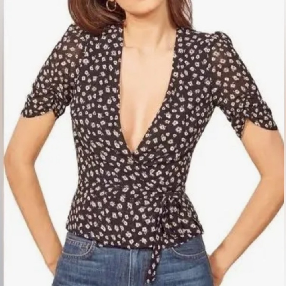 Reformation Black White Floral Puff Sleeve Wrap Blouse Women’s Size Small